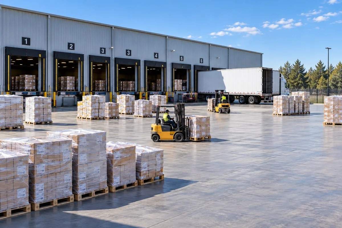 Palletized freight moving through an LTL terminal