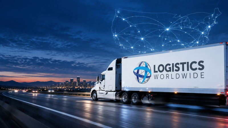 Logistics Worldwide freight truck on a highway beneath a connected United States map