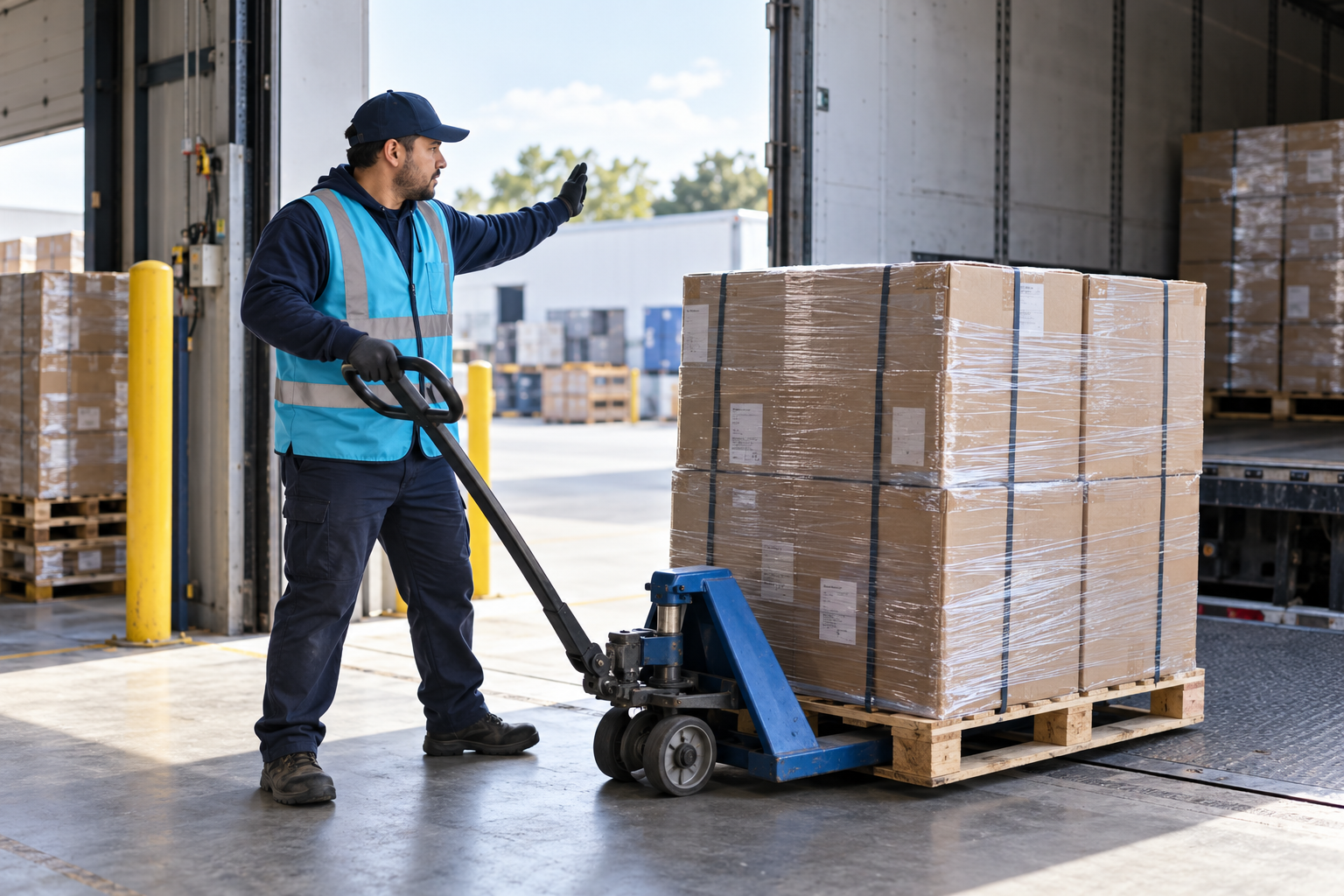 Palletized freight at a loading dock, ready for pickup